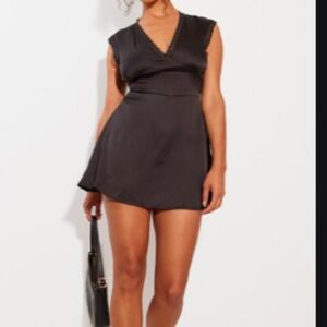 Black V Neck Lace Trim Satin Skort Romper